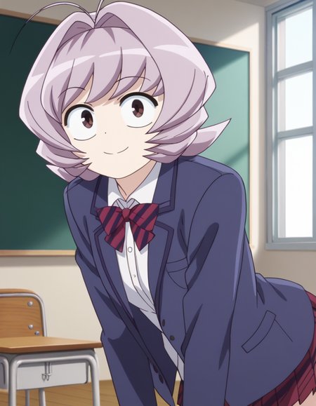 score_9, score_8_up, score_7_up, source_anime,
najimiosana, <lora:najimi-osana-s1s2-ponyxl-lora-nochekaiser:1>,
najimi osana, short hair, brown eyes, purple hair, hair intakes, antenna hair,
skirt, shirt, long sleeves, bow, school uniform, jacket, white shirt, pleated skirt, striped, collared shirt, bowtie, red skirt, blazer, blue jacket, striped bow, striped bowtie,
indoors, classroom, bent over, smile,
looking at viewer, cowboy shot, dutch angle, solo,