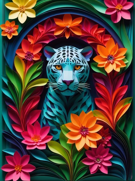 talismanic, jaguar, Amidst a hidden sanctuary, a garden of serenity unfolds, its tranquil blooms inviting inner peace and harmony, Causing refractions and reflections    <lora:EnvyPaperXL01:1> paper strip