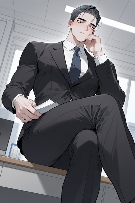 <lora:define relationship-IL-000008:0.8>,karlyle,grey hair,green eyes,looking at viewer,formal,black blazer,office,crossed legs,holding,white shirt,black pants,1boy,solo,yaoi,bara,male focus,masterpiece,best quality,amazing quality,nsfw,uncersored,highres,best quality,amazing quality,best aesthetic,absurdres,