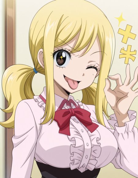 masterpiece, best quality, amazing quality,, <lora:lucy-heartfilia-s1s3s7-illustriousxl-lora-nochekaiser:1>, lucy heartfilia, twintails, low-tied twintails, long hair, blonde hair, brown eyes, mature female, breasts, anime screencap, <lora:virgin-killer-outfit-illustriousxl-lora-nochekaiser:1>, virgin killer outfit, meme attire, high-waist skirt, center frills, frilled shirt, underbust, aran sweater, frilled shirt collar, red bowtie, frills, skirt,, <lora:money-gesture-illustriousxl-lora-nochekaiser:1>, money gesture, smile, tongue out, looking at viewer, money eyes, sparkling, ok sign, one eye closed, upper body, money, yen sign, dollar sign, hand up,, angry, open mouth, , ,