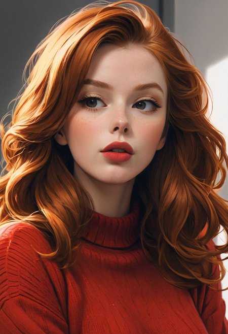 (1girl, solo, masterpiece, 8k, HDR,), ginger girl, 
character concept art of a beautiful woman leaning over, red sweater falling off her shoulder, cleavage, extremely sexy, seductive, long hair, luscious lips, comic book art, rough colored sketch, 
(small breasts, big hips, looking at the viewer),
(simple background, white background)