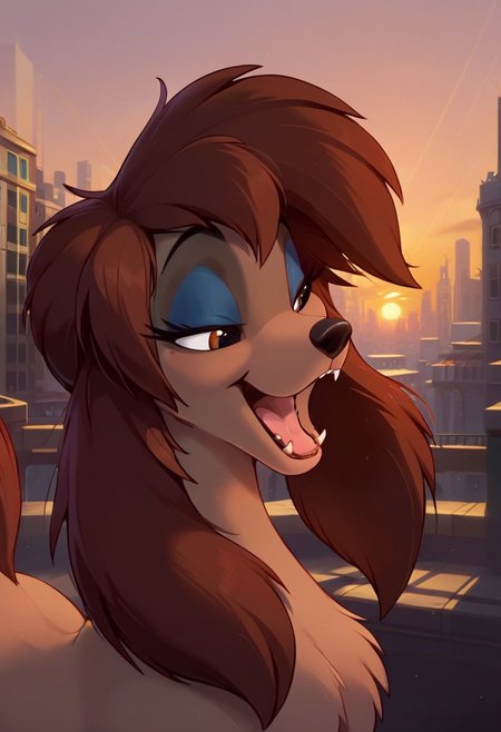 (aerozerorisk), score_9, score_8_up, score_7_up, front view, source_furry, source_cartoon, highly detailed macro illustration, intricate details, high resolution, sharp focus, best render quality, high res, explicit, (city, dock, harbor, sunset, detailed background), solo,  BREAK 1girl, female, (rita_oliver, rita_saluki, feral, saluki, dog, canine female), beautiful, beautiful detailed eyes, brown gold eyes, blue eyeshadow, close-up on face, bust shot, my little pony the movie, (Expressiveh, seductive look, bedroom eyes, smile, mouth open, teeth, tongue out)