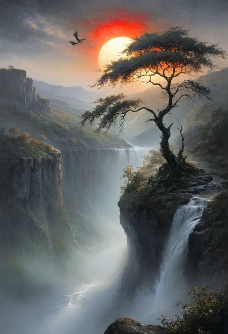 In this captivating cinematic landscape painting, the canvas is filled with a serene yet dramatic scene. A large and vivid red orange sun dominates the dark, almost early night-sky, casting warm green and yellow hues over the darkness below. In the foreground, a gnarled tree with geen foliage stands proudly atop a rocky cliff in the Patagoian mountains, overlooking a cascading waterfall that plunges into a misty abyss. The striking contrast between the bright red sun and the dark, moody green and yellow tones of the landscape creates an enigmatic atmosphere, filled with mystery and tranquility. The waterfall adds a dynamic element, suggesting movement and the passage of time amidst the stillness of the tree and the sky. Some flying dark colored vultures conquer the sky above the waterfall, The painting masterfully blends elements of fantasy with a touch of realism, evoking a sense of natural beauty and contemplation. The overall composition is a breathtaking exploration, painting, cinematic, Ethereal Gothic Elegance