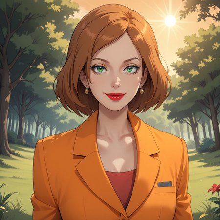 score_9, score_8, BREAK, light brown hair, green eyes, red lips, lipstick, earrings, orange suit, orange pants, orange slippers, breasts, Scarlet_(Sonic_X), sexy pose, self portrait, smile, outdoors, sunlight, shadows, evening lighting, natural lighting, forest, trees, grass, orange sky, sunset