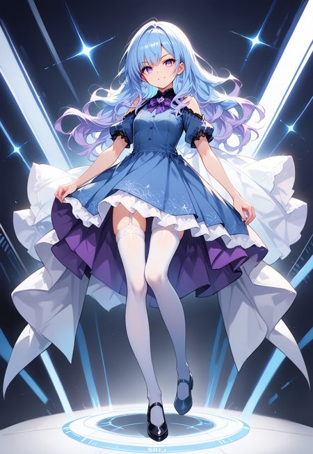 score_9, score_8_up, score_7_up, score_6_up, score_5_up, score_4_up, source_anime, full body art, solo, flat color, dark theme, 1girl, babblty, purple eye, long blue hair, wavy hair, blue to purple gradient, blue dress, dynamic pose, white tights, looking at viewer, MythAn1m3, cyberspace behind me, lots of holograms