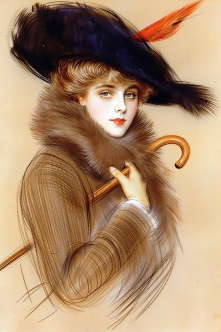 paulcesarhelleu1 illustration. 
A woman in a brown fur-trimmed coat and a large, black hat with a feather, holding a wooden cane. She has wavy blonde hair.
 <lora:paulcesarhelleu1_cap_d6a3e11:1.0><lora:844394762565051481:0>