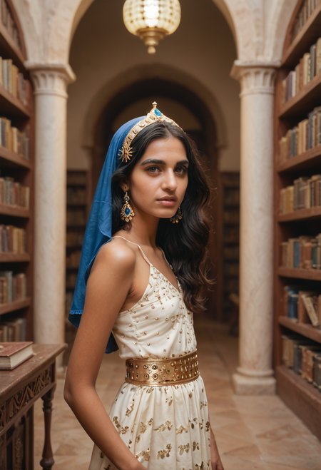score_9, score_8_up, score_7_up  zPDXL3  (angelic arabian princess) young woman, black hair, straight hair, green eyes, petite, tan skin, wearing Traditional Arabian dress in royal blue, with gold brocade details, voluminous skirt, ornate belt, jeweled hairpin, intricately patterned silk hijab with beaded accents, set in Mosque Library, Quiet chamber with shelves of ancient manuscripts, scholars deep in study, the flickering light of oil lamps illuminating the room, the rustle of pages turning   zPDXLrl