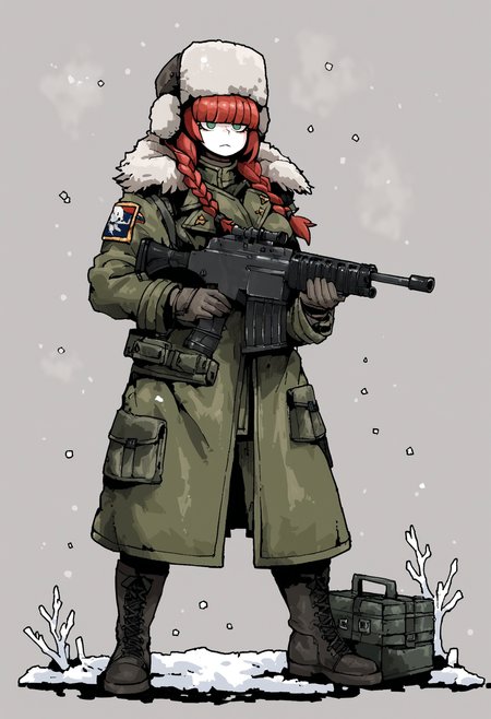 score_9, score_8_up, score_7_up,
1girl, green eyes, odd eyes , red hair, medium hair , twin braids, hair over eyes, covered eyes, blunt bangs, breasts, 
weapon, gun, holding weapon, gloves, holding, solo, military uniform, holding gun, rifle, uniform, fur hat, ushanka, boots, simple background, coat,
winter, snow,
 <lora:Octosoup-_style:0.8>, octosoup,