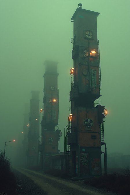 A series of rusty, decrepit high-rises protrude from a dense fog, their twisted forms stretching into the mist above. Each building is adorned with flickering neon lights, casting an eerie glow in the darkness. Industrial fans are embedded into the structures, spinning slowly as if trying to combat the oppressive atmosphere. Graffiti covers the walls, adding a layer of chaotic artistry to the unsettling scene. The dim, VHS-quality footage captures the haunting essence of these isolated towers, standing alone in a cyberpunk cityscape that feels both alive and abandoned
