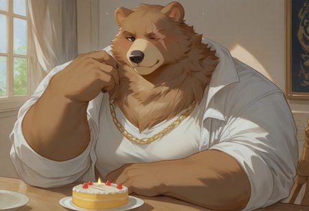score_9, score_8_up,score_7_up, score_6_up, human, solo, 8k, male, , solo, 2d,masterpiece, detailed face, Big pecs,rating_safe,thighs, very detailed, highly detailed texture,, muscular, Plump Pecs, Voluptuous, muscular tits, male breasts,BenBiggerPXL,anthro, brown fur, one eye, eye scar, {muscular|chubby|overweight},
, gold chain necklace, white jacket, black {shirt|tank top}, white pants, 
Expressiveh, TrailH, solo,  male, , solo, 2d,masterpiece,  Big pecs,rating_safe, Expressiveh,cute face ,very cute face ,Focus face,very Happy, Happy ,Focus face, thick thighs, nice thighs,plumbe body,wide hips, thick thighs((detailed background,low light,room, indoor,BenBiggerPXL behind a table,brithday cake With many lit candles in the decorate brithday table,only illuminated by the light of the candles,dark room,small crown in the heat , Focus upper body, sit , sitting in a chair ,brithday decoration,gifts around the cake, a lot of gifts, birthday background))