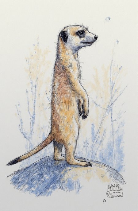 Sharp image of a rough sketch, rendered in vibrant multi colour ballpoint pen, capturing the adorable features of a portait of a meerkat standing on its hind legs on a rock. The animal is facing towards the right side of the image and appears to be looking off into the distance. It has a light brown fur coat with darker patches on its face and body. Its eyes are dark and alert, and its mouth is slightly open, as if it is about to speak. The background is blurred, but it seems to be an outdoor setting with trees and foliage. The rock is grey and has a rough texture.  p3nsk, <lora:p3nsk:1>