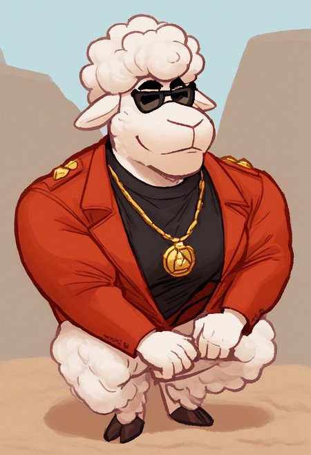 score_9, score_8_up, score_7_up, masterpiece, best quality, 4k, 2k, detailed,  2d, Lang (Rock Dog), Sheep, White Sheep, White fur, White hair, Black sunglasses, Red Jacket, Black shirt, necklace, Dressed, Anthro, Beach Background, muscular, Bara, Furry, Furry Bara, barazoku, Full Body, only, alone, 1 guy, solo, color, seductive expression, wolfconf, zPDXL3, unaestheticXL_cbp62, deep_negative_pony