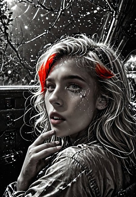 score_9, score_8_up, score_7_up, Realistic, cinematic shot, selective color, monochrome background, 4k, Gadget, side view,

(((Girl in an alien forest, correct hand anatomy, shocked, crying, tears,  on her knees, mouth open, gasping, looking over her shoulder, strained face,  dramatic angle, rear view, view from back, looking back, looking at viewer))), 

blonde, grayscale with red highlights, 18yo, smile, perfect face, stunning, breathtaking face, detailed face, perfect teeth, expressive eyes, extremely cute, medium boobs, round stomach, easynegative, ALRGFC, alluring face, sexy, hetero, flushed, red top of cheek,

Work clothes, space mechanic outfit,

Detailed background, alien jungle, alien flowers, alien fauna, lianas, impossible trees, two moons, 

pdcUitCU5_, highres, absurdres, in focus, sharp focus, negative_hand

Stable_Yogis_PDXL_Positives, CyberRealisticPony_POSV1, 