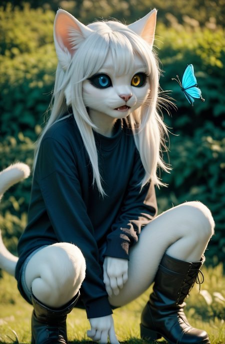 score_9, score_8_up, score_7_up, source_furry,  Odd-eyed cat girl, open_mouth, Black Sweater, knee boots, colored sclera, white hair, long hair, heterochromia, black sclera, Furry, squatting on the grass, severe tail, Butterfly, Cool colors, depth of field, detailed background, photo, photo, photo    