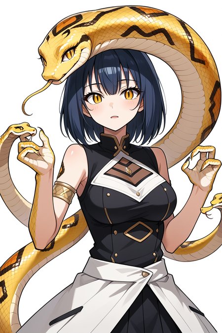 snake_hybrid,source_anime, high quality, highly detailed, 1girl, anime girl, snake girl, white background, snake fingers, snake hands, snake eyes, scales