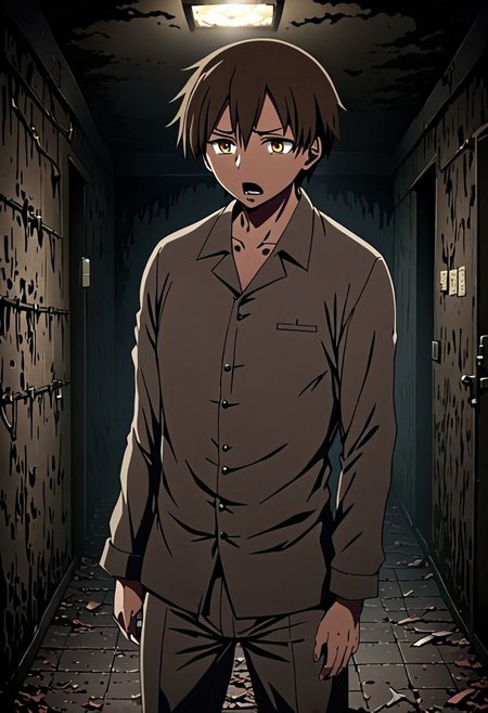 high resolution, solo, best quality, 1Boy, Takaki Toono, Brownish Hair, Brown Eyes, guts's test, haunted place, OverallDetail