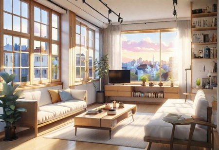 anime-style, modern-style interior, with white walls and large windows, Nordic-style furniture, a  study, Sofa, coffee table, bookcase, single wall, 
warm light morning sun, the view of the city