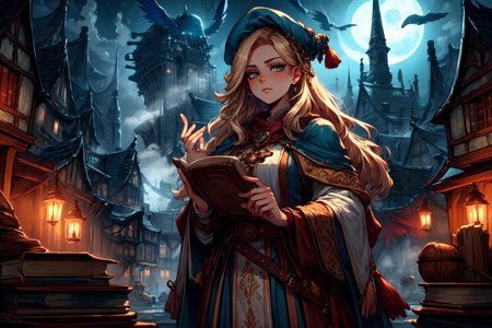 <lora:FantasySettlement:1> fanse, fantasy medieval town, town square, moonlight, fog,  <lora:Fantasy_Classes_SD:1> fantasy class, artificer, feathered cap, scientist, monocle, tunic, books, scrolls, looking at viewer, seductive, best quality, masterpiece, <lora:more_details:0.7>, 1girl, solo, blonde hair, absurdly long hair, grey eyes