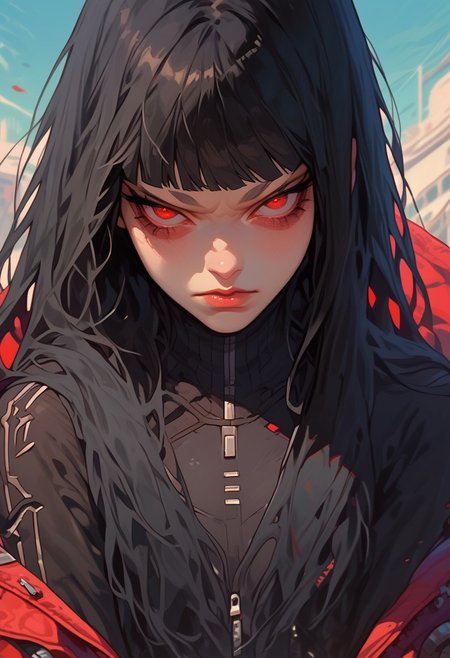 score_9, score_8_up, score_7_up, y0tt4, 1girl, solo,  
tokismtiva, long hair, black hair, blunt bangs, red eyes, bodysuit