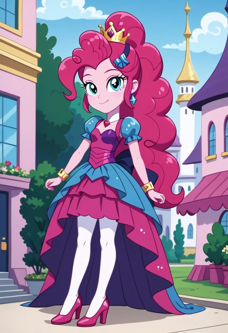 score_9, score_8_up, score_7_up, score_6_up, from My Little Pony Equestria Girls, a very young little human girl Pinkie_Pie wearing a fit blue|sky|green|brown|darkpurple|red|yellow gradients colors short princess dress, elegant detailed princess shoes, solo, 1girl, little princess girl, gradient dark pink hair with crown hairband, smile, childhood, looking at viewer, glow detailed eyes, garden of canterlot, tul, chiffon, laces, semi realistic cartoon, unreal engine 5,  full body close-up, absurdres, digital art, soft light, perfect hands, perfect, hands, perfection, soft pink skin, skyblue eyes, party accesories and shoes, jewelry, tres chic,<lora:age_slider_v4:-4>,