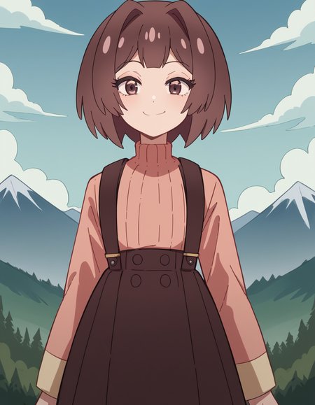 score_9, score_8_up, score_7_up, source_anime, <lora:sakura-sonoue-s1-ponyxl-lora-nochekaiser:1>, sakura sonoue, short hair, bangs, brown hair, brown eyes, hair intakes, bob cut,, skirt, long sleeves, sweater, suspenders, high-waist skirt, brown skirt, suspender skirt, pink sweater, mountain trail, hiking, nature, backpack, adventure, fresh air, smile, looking at viewer, smug, solo,, cowboy shot, dutch angle