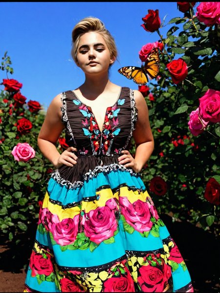 Cinematic fashion photograph  Rebekka_Larsson_P_MXAI_SDXL , serene expression, wearing an elegant colorful summerdress, walking through an ornate rose garden, noon, summer, colorful butterflies, ((cowboy shot)), PA7_Portrait-HL_v2       Rebekka_Larsson_P_MXAI_SDXL