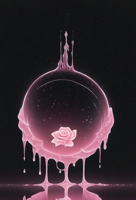 (masterpiece), best quality, Anime, Illustration, (Floating Sphere, Crystal, Magic, Reflection, Melting, Dripping, Pink Rose), Black Background, No Humans, Starry Theme, (Light Refraction), White and Pink Theme, Natural Lighting, symphtia-style