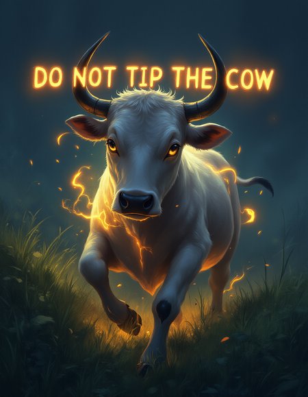 digital artwork, a cow in a field, Text across the top says "DO NOT TIP THE COW", magical glowing effect  <lora:Fantasy_Creature_Booster:1>