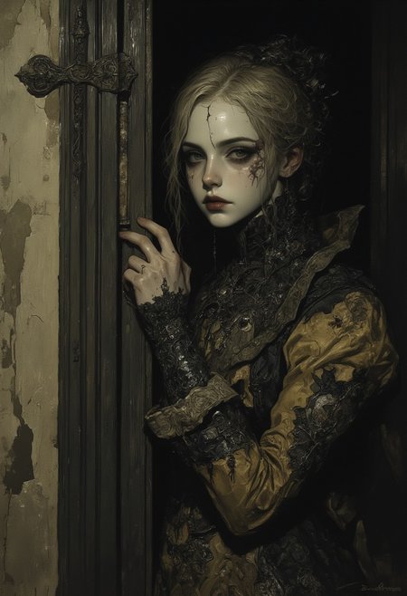Create an intricately detailed, hyper-realistic head-and-shoulders portrait of an aging, cracked Victorian-era porcelain and paper-mâché doll. She is small in stature, no bigger than a small child and peers around the edge of a dark wooden doorway, her delicate porcelain fingers barely visible as they grip the frame. A deep, jagged crack splits her forehead, and her glossy black void-like eyes lock onto the viewer with a sinister, knowing grin. A cold, unnatural glow from behind silhouettes her figure, casting an eerie halo around her wild, dust-matted curls. Her once-elegant Victorian gown, adorned with tattered lace and intricate embroidery, clings to her fragile frame, the frayed edges barely catching the dim light. The peeling wallpaper behind her reveals darkened wood panels, their surfaces warped with time. Wisps of dust swirl in the air, illuminated by the unsettling backlight, as faint whispers seem to emanate from the shadowed hallway beyond. The air is thick with haunting elegance, a perfect balance of beauty and creeping dread as she lingers in the doorway, watching… waiting.