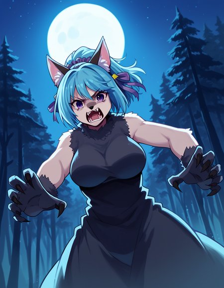 score_9, score_8_up, score_7_up, source_anime, <lora:kurumu-kurono-s2-ponyxl-lora-nochekaiser:1>, kurumu kurono, short hair, blue hair, purple eyes, ponytail, ribbon, hair ribbon, hair ornament, large breasts,, <lora:werewolf-ponyxl-lora-nochekaiser:1>, werewolf, furry, fangs, animal ears, gloves, angry, teeth, animal ear fluff,, forest, night, moon, open mouth, , dutch angle, cowboy shot