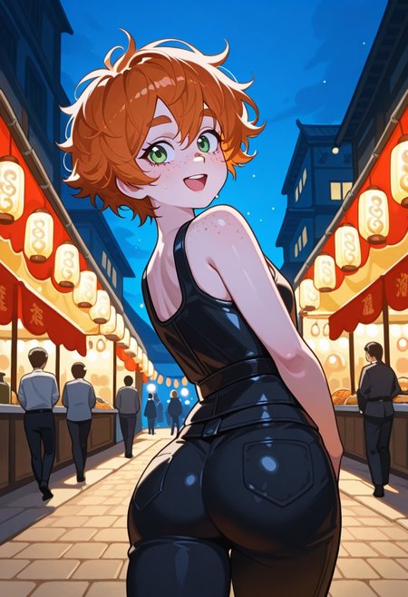 1girl, tomboy.
An illustration of a girl walking through crowded night market. she is wearing a full leather armor with bare shoulders. 
hfaistyle, dynamic pose, ass focus,
anatomically correct, freckled body, shining glossy skin, small breasts, thin hips, ginger hair, short messy hair, nerdy, thick eyebrows, freckles, green eyes, 
reaction frame, face focus, 
looking around, excited, oblivious,
BREAK 
outside, at night market, detailed environment, clear composition, correct perspective, festival decorations, street food restaurants, festival costumes, night, low light, festival lanterns, fantasy \(theme\), medieval \(theme\),
professional lighting, masterpiece, best quality, amazing quality, perfect quality, absolutely eye-catching