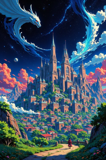 a city in space beautiful landscape, wind, woman, very intricate, very detailed, sharp, bright, colorful, <lora:Hand v2:0.5> <lora:Anti-Blur:1><lora:Insane Detail Slider:0.25>  <lora:flux.1_lora_flyway_Epic-detail_v2:0.3> <lora:fluxenhancer:0.25> <lora:ROWER:0.6> <lora:flux-charmer-v1-1:0.4>>  <lora:Anime_style:0.8> anime style