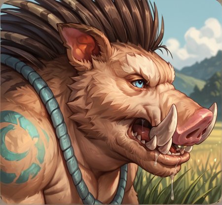 score_9_up,score_8_up,score_7_up,score_6_up,score_5_up,score_4_up, detailed, (best quality:1.2), hi res, digital media \(artwork\), rating_explicit, source_furry, source_monster, zPDXL3, BREAK,
 field background, blurry background, head shot, (close up), ((portrait)), side view, open mouth, drool, saliva, saliva strand, spittle,
quillboar, monster, snout, tusks, digitigrade, (quills), back spikes, tribal markings, pig nose, claws, muscular,
<lora:Quillboar for Pony:0.7>