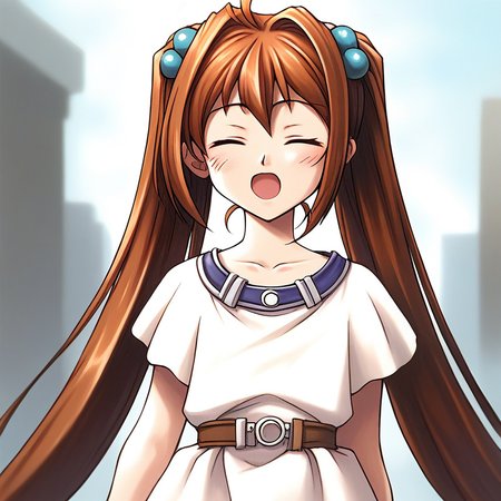 score_9, score_8_up, score_7_up, source_anime, rating_explicit, BREAKã <lora:Estelle_Bright_Retro_XL:1> Estelle_Bright, brown hair, long hair, red eyes, ahoge, closed eyes, very long hair, hair intakes,  short stack,
 1girl, solo, twintails, blush, hair ornament, hair bobbles, open mouth, dress, belt, 
upper body, collarbone, white dress
day, outdoor,
looking at viewer, 
cowboy_Shot,