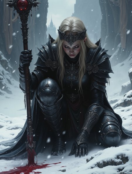 An atmospheric and powerful dark fantasy image,  classical style painting of a beautiful female warlord dressed in intricate dark armor.  She crouches with her head down and her dirty blonde hair falls over her face. She holds a powerful staff of dark steel. There is blood in the snow around her from a fallen enemy. Cinematic shot in a snowy mountainous region.
 