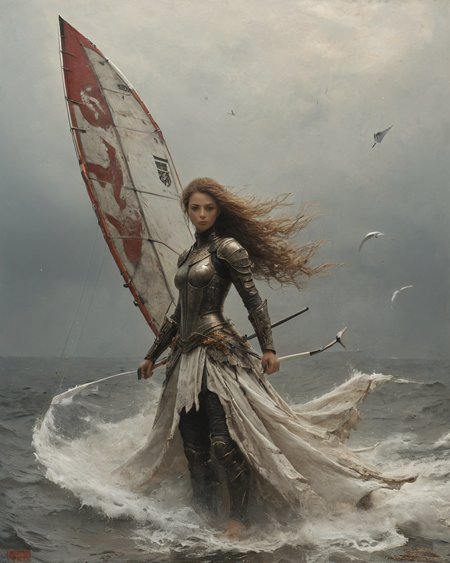 armed and armored beautiful female warrior wind surfing,  <lora:add-detail-xl:0.75>,  <lora:xl_more_art-full_v1:0.5>, <lora:NicolaSamori:0.8> in the style of Nicola Samori,  <lora:XSfenlie:1> fenliexl