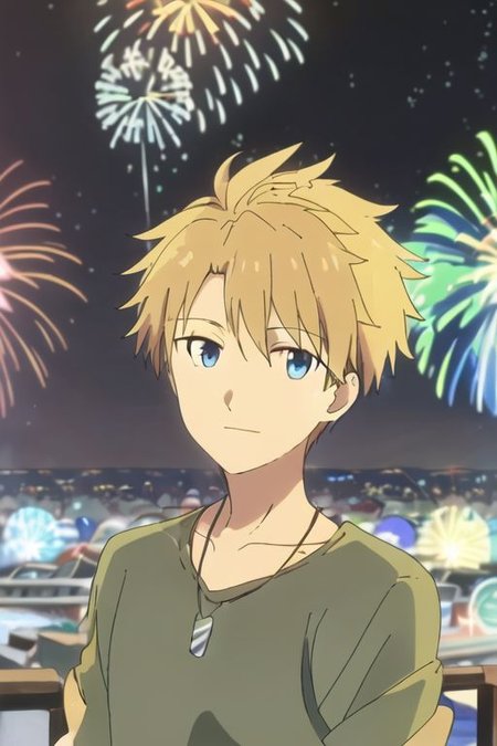 high resolution, professional photography, solo, best quality, 1Boy, Yamato Ishida, Blond Hair, Deep Blue Eyes, Necklace, festivals, nights, fireworks, crowds, happy, OverallDetail