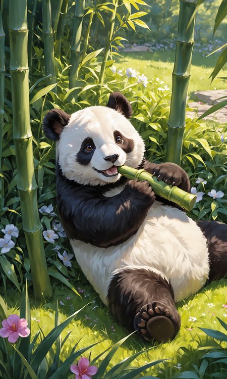 (photorealism:1.5) 
cute panda, lying on the grass, relaxed expression, surrounded by flowers, bamboo fence, sunny day, detailed fur, high detail, photorealistic, vibrant colors
chewing on bamboo shoot, dappled sunlight, volumetric light, ultra detailed  vegetation