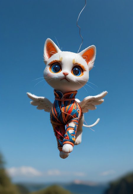 score_9, score_8_up, score_7_up, score_6_up, score_5_up, score_4_up, masterpiece, very aesthetic, absurdres, Tilt shift photography style, photo, a chibi white pegasus cat, floating in air, blue sky, blurry background, neon, wires, made of wires, cables, outlined with wires and neon, neon outlines, wire sculpture, neon wire sculpture,