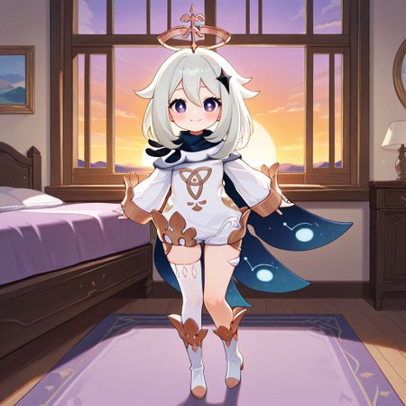 masterpiece, best quality, amazing quality, very aesthetic, absurdres, newest, score_9, score_8_up, 1girl, solo, Paimon_(Genshin_Impact), purple_eyes, white_pupils, white_hair, medium_hair, hair_between_eyes, flat_chest, halo, hair_ornament, single_thighhigh, black_cape, gold_trim, white_dress, black_scarf, smile, looking at viewer, blushing, big chest, large hips, cute, bedroom, 2d,
boots, standing, sunset in the window, white sparkles in the shape of small dots or stars, sunset with purple colors, perfect shading, full body,