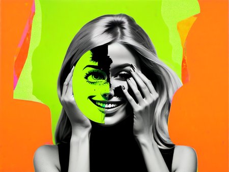 <lora:DeconDada-000008:0.8> monochrome, (photo:1.2)  feminine smile, female focus, hand covering face, deconstructed,  abstract, visually striking, mixed media, orange, lime-green, barbie-pink, matt-black, powder-blue, neon-yellow