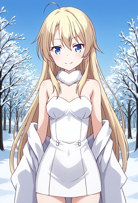 score_9, score_8_up, score_7_up, BREAK source_anime, best quality, masterpiece, ,rating_explicit, outside background, smile, looking at viewers, standing up BREAK
Kou Yagami, 1girl, solo, long blonde hair, blue eyes, seductive eyes, bare shoulders, medium breast, cowboy shot, backdrop of soft winter snow, standing in a frost-covered tree with red rowan berries, wearing a white and beautiful maxi dress. A luxurious fur cloak is draped over her shoulders and she holds a red rose in her hands. BREAK
 <lora:add-detail-xl:1>, zPDXL