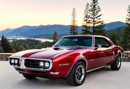 ClassicMuscleCar, red gleaming Pontiac Firebird, side view, scenic mountains sunset, pine trees, 4K, highly detailed, (((stylish grainy analog 35mm film photo)))