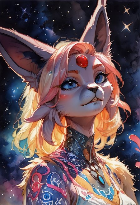 (((EspeonGirl))), female, anthro, body fur, detailed fur,
(score_9, score_8_up, score_7_up), watercolor \(medium\), traditional media, pureerosface_v1, g0thicPXL, glowing, neon, WarcraftStyle, masterpiece, best quality, highly detailed, intricate details, extremely detailed, smooth lines, masterpiece, no text, quality highlights, 8k detail, detailed background, waist-up portrait, (((pastel colors, high contrast,expressiveh,)))
...
1woman, (((Espeon), ((short fluffy fur)), multicolored fur,)))), adult, mature, (((face focus))), (sexy pose), (perky breasts, slender figure),
...
(Space background, starry sky, detailed background, artistic and intricate background)
