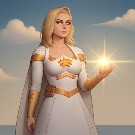 2d, score_9, score_8_up, score_7_up, score_6_up, score_5_up, score_4_up, Expressiveh, 1 girl, solo, intricate details, rating_adult, Expressiveh, WJS07style. starlight, blonde hair, beautiful woman, glowing_yellow_eyes, starlight_costume, sky background, clouds. sunshine in background, skirt, cape blowing in the wind