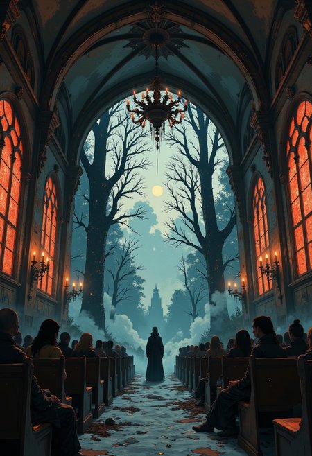 A decrepit chapel stands alone in a snow-covered forest, its windows glowing faintly with crimson light. Inside, an audience of human-sized marionettes sits motionless in pews, their wooden faces twisted into expressions of anguish. Above them, a massive skeletal chandelier creaks as it spins, its chains attached to a single robed figure in the center of the room. The figure’s hands twitch, controlling the strings of the marionettes, forcing them to perform grotesque rituals. As the viewer steps inside, the marionettes slowly turn their heads toward them, their eyes clicking open, filled with malevolent life.
aidmaMJ6.1, aidmafluxpro1.1