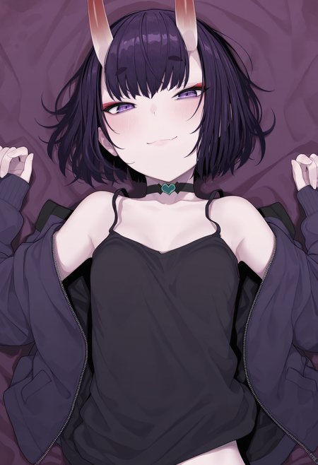 masterpiece,best quality,amazing quality,
1girl, skin-covered horns, oni horns, shuten douji (fate), purple eyes, solo, horns, purple hair, smile, oni, short hair, breasts, looking at viewer, bangs, lying, small breasts, choker, on back, eyeliner, bare shoulders, bob cut, makeup, off shoulder, open clothes, collarbone, closed mouth, jewelry, jacket, tank top, blush, black jacket, long sleeves,
<lora:Kindatsu_epoch_10:1>