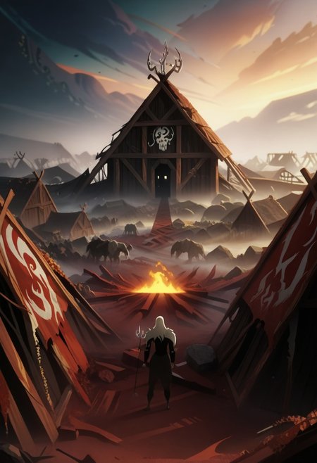 score_9, score_8_up, score_7_up,score_6_up, S1GR1DTotG, source_hentai, source_anime, A portrait of a Viking shieldmaiden standing amidst the ruins of a once-great village, now reduced to ashes and rubble. Her armor is scorched, and her braids are singed. The background is filled with the remnants of smoldering buildings, with the sky above heavy with dark, swirling clouds.Scorched wooden beams from collapsed structures protrude from the rubble, blackened and twisted by fire.Thin tendrils of smoke rise from smoldering piles of ash and debris, adding a sense of recent destruction.The skeletal remains of a Viking longhouse stand in the background, with its roof caved in and walls partially collapsed.Shredded Viking banners hang limply from broken poles, their once-proud symbols now faded and torn. Holding a tattered Viking banner in both hands, her expression filled with pride and sorrow as she gazes at