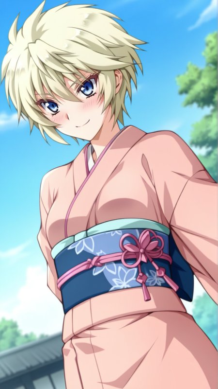 source_anime, general, best quality, masterpiece, 1girl,  <lora:Esther_Elhous_ill_v1.0:1> esther_elhous\(srw\),blue eyes , blonde hair, yellow hair,tsurime, small breasts ,Japanese Kimono, happy, (embarrassed:0.9),  dynamic pose, dutch angle, cowboy shot,