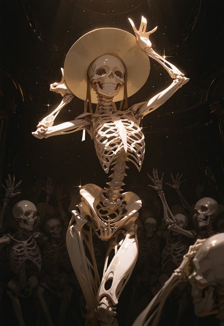 masterpiece, best quality, very aesthetic, absurdres, ambient light, soft light, incoth, (incase:0.6), SagawaStyle, Bright_illu,sparkle,too many light particles,
skeleton, a glowing skeleton standing in the night, pinup pose, sexy pose, hand on crotch, strpper dance, dancing, neon light background, round hat, standing under spotlight, disco lighting, raised hands at foreground, blurry hands, 
high detail, sharp shading, centered composition, soft shadows